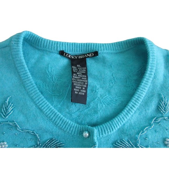 Lucky Brand Light Blue Beaded Cardigan Faux Pearl Button Wool Blend Ladies L EUC - Picture 4 of 16